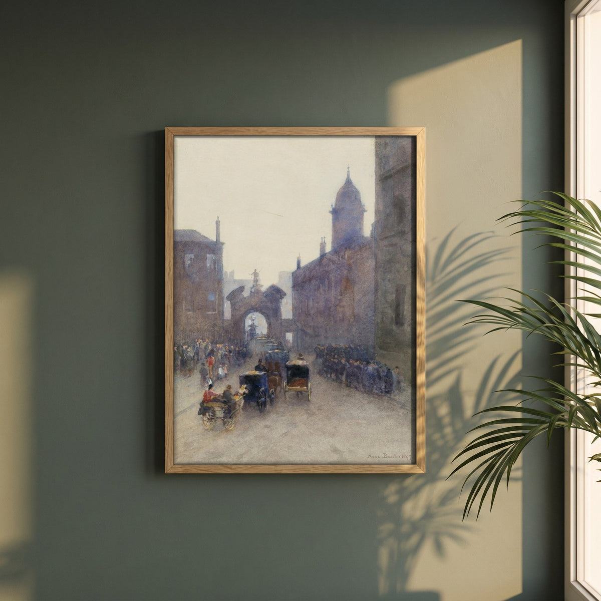 Going to the Levée at Dublin Castle framed print in a natural oak frame on a dark green wall beside a window, dappled plant shadow