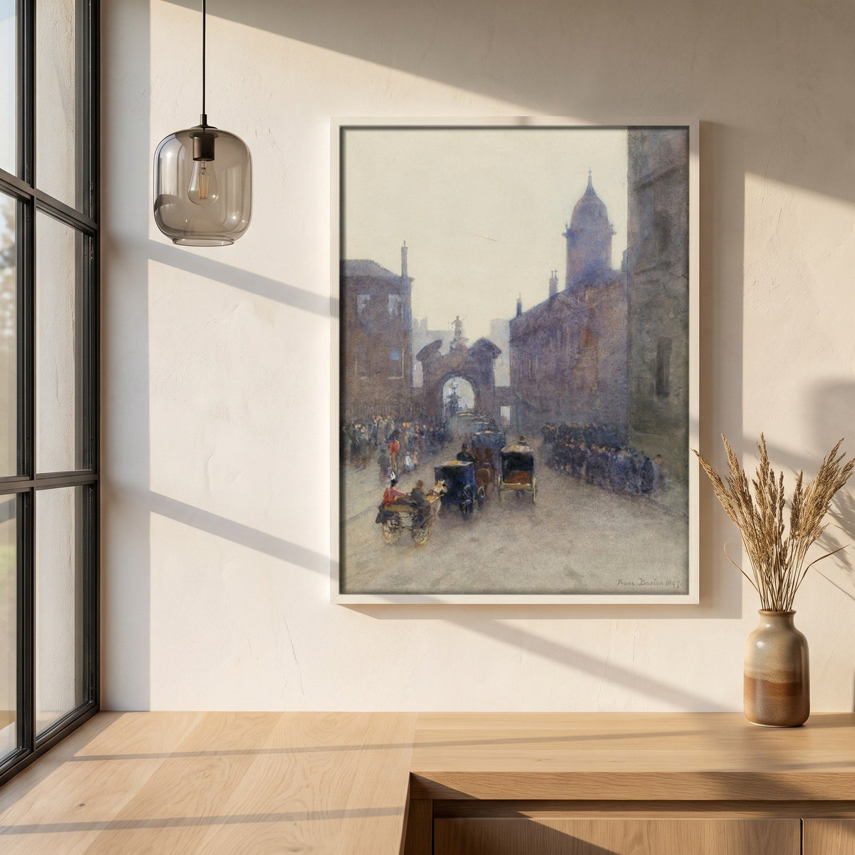 Going to the Levée at Dublin Castle framed print in a white frame on a plaster wall above an oak worktop in a bright Scandinavian kitchen