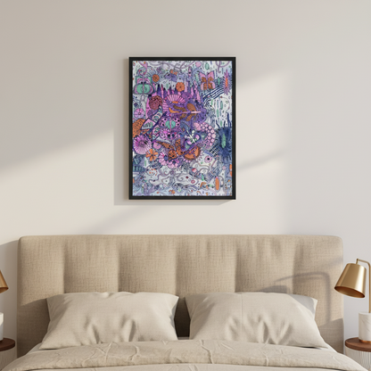 Harry Clarke Butterfly Textile Design framed jewel-toned print above linen headboard in soft natural morning light neutral bedroom