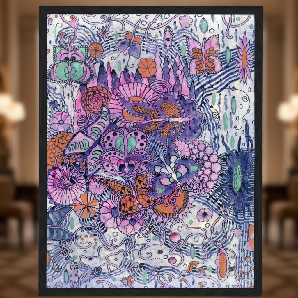 Close up of Harry Clarke Butterfly Textile Design 1918 framed print showing jewel-toned pink purple green linework detail