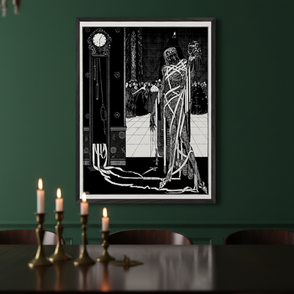 Harry Clarke Dagger Dropped large framed gothic print on deep burgundy dining room wall with candlelight and dark wood table