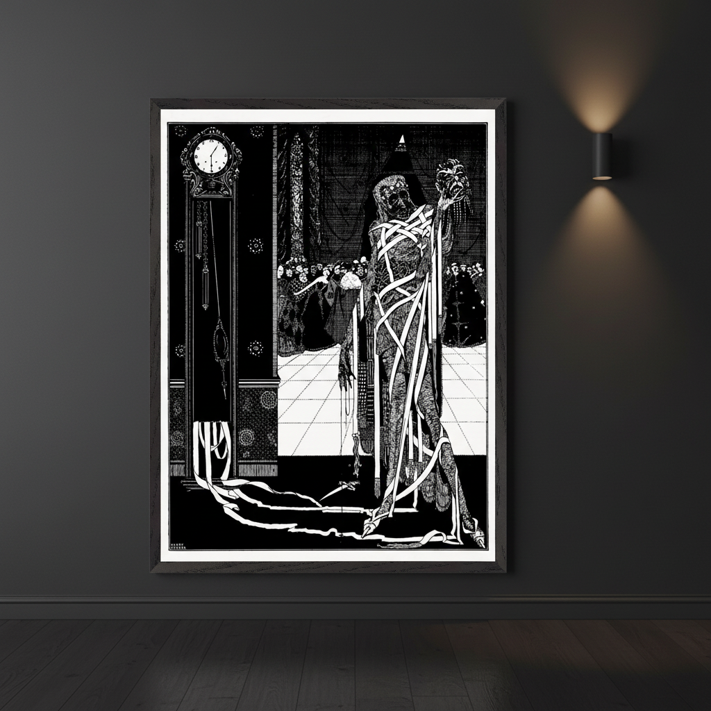 Harry Clarke Dagger Dropped gothic illustration framed print on charcoal hallway wall with wall sconce light and long shadow