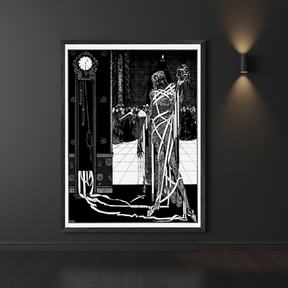 Harry Clarke Dagger Dropped gothic illustration framed print on charcoal hallway wall with wall sconce light and long shadow