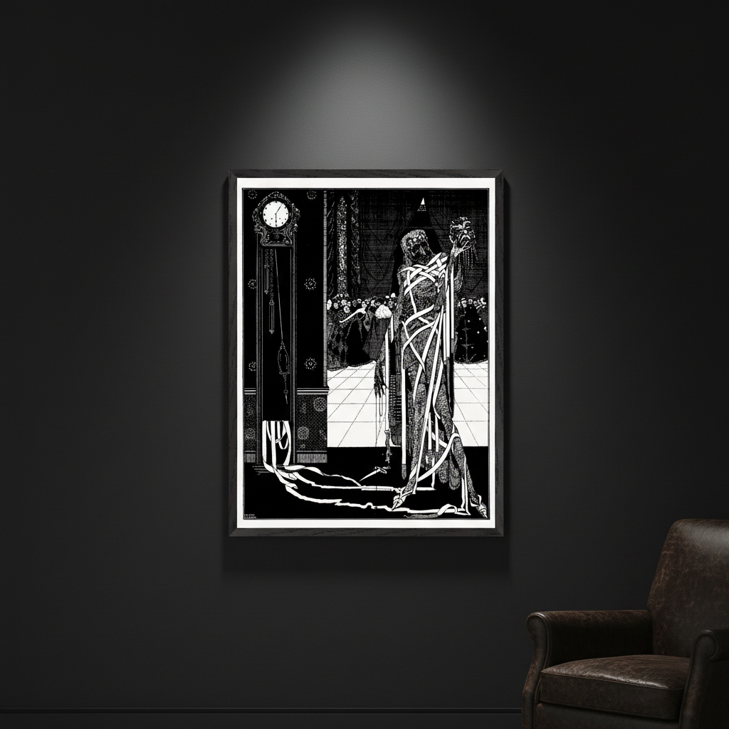 Harry Clarke The Dagger Dropped 1923 framed gothic print on charcoal wall with dramatic spotlight and dark leather armchair