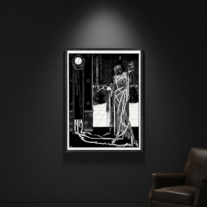 Harry Clarke The Dagger Dropped 1923 framed gothic print on charcoal wall with dramatic spotlight and dark leather armchair