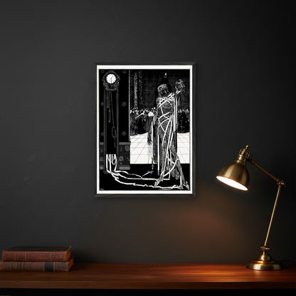 Harry Clarke Dagger Dropped framed black and white gothic print above dark oak desk with brass lamp on deep green wall