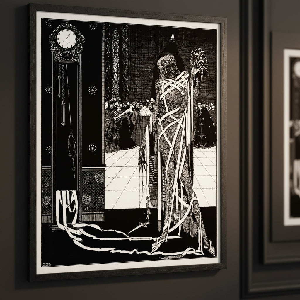 Close up of Harry Clarke Dagger Dropped 1923 framed print showing cloaked figure and ebony clock ornamental linework detail