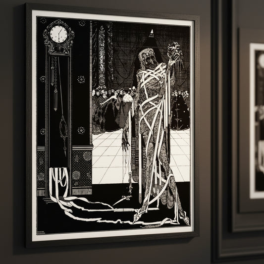 Close up of Harry Clarke Dagger Dropped 1923 framed print showing cloaked figure and ebony clock ornamental linework detail