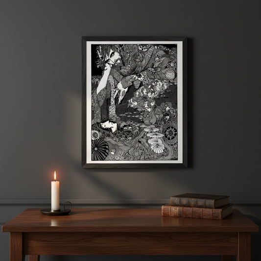 Harry Clarke The Earth Grew Dark 1923 framed gothic art print hung above dark oak desk with candle and books
