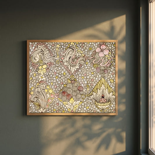 Floral Textile Design framed print in a natural oak frame on a dark green wall beside a window, dappled plant shadow