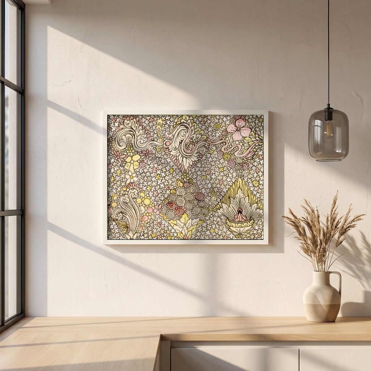Floral Textile Design framed print in a white frame on a plaster wall above an oak worktop in a bright Scandinavian kitchen