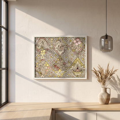 Floral Textile Design framed print in a white frame on a plaster wall above an oak worktop in a bright Scandinavian kitchen