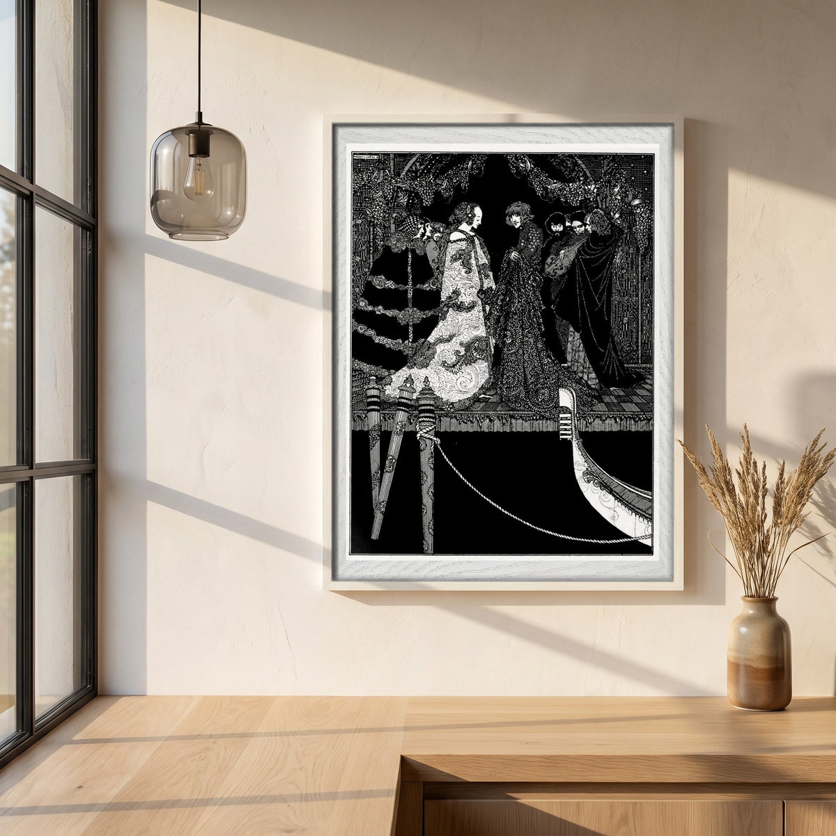Marchesa Aphrodite by Harry Clarke framed print in a white frame on a plaster wall above an oak worktop in a bright Scandinavian kitchen