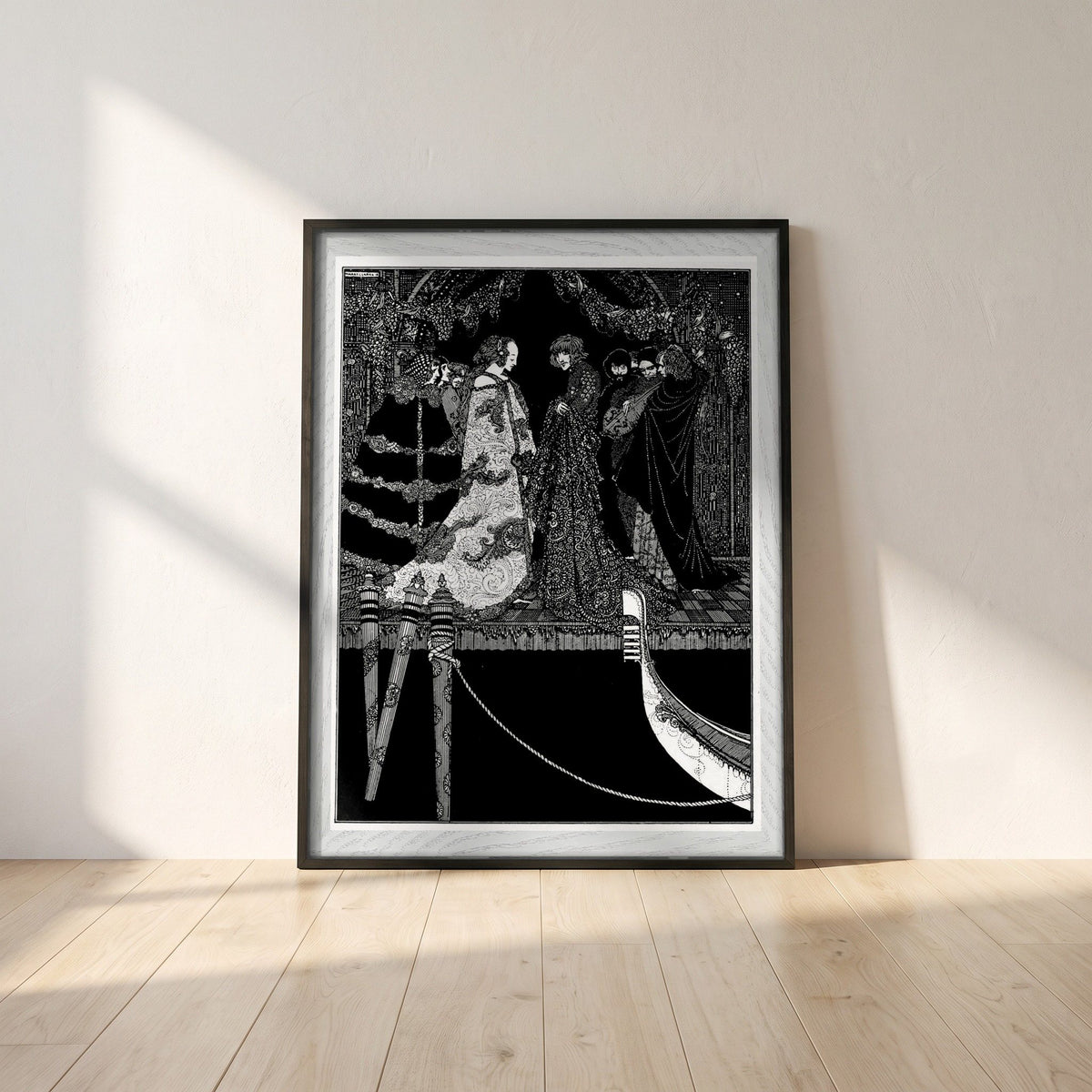 Marchesa Aphrodite by Harry Clarke framed print in a black frame leaning against a white plaster wall on oak floorboards in morning light