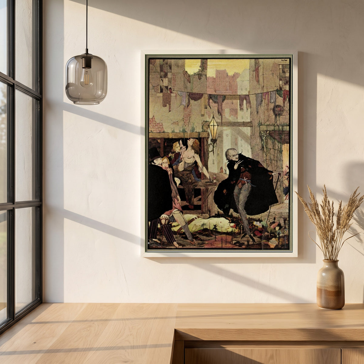 Harry Clarke framed print in a white frame on a plaster wall above an oak worktop in a bright Scandinavian kitchen