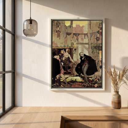 Harry Clarke framed print in a white frame on a plaster wall above an oak worktop in a bright Scandinavian kitchen