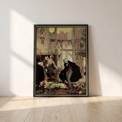 Harry Clarke framed print in a black frame leaning against a white plaster wall on oak floorboards in morning light