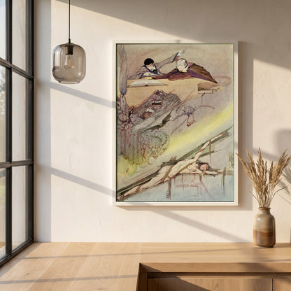 Harry Clarke framed print in a white frame on a plaster wall above an oak worktop in a bright Scandinavian kitchen