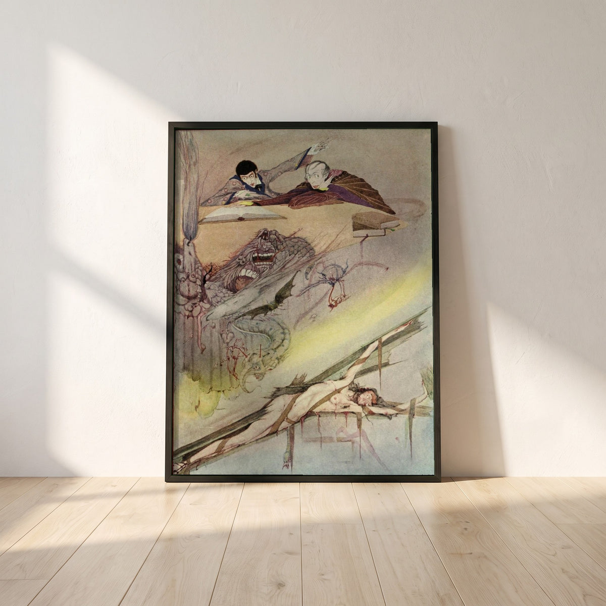 Harry Clarke framed print in a black frame leaning against a white plaster wall on oak floorboards in morning light