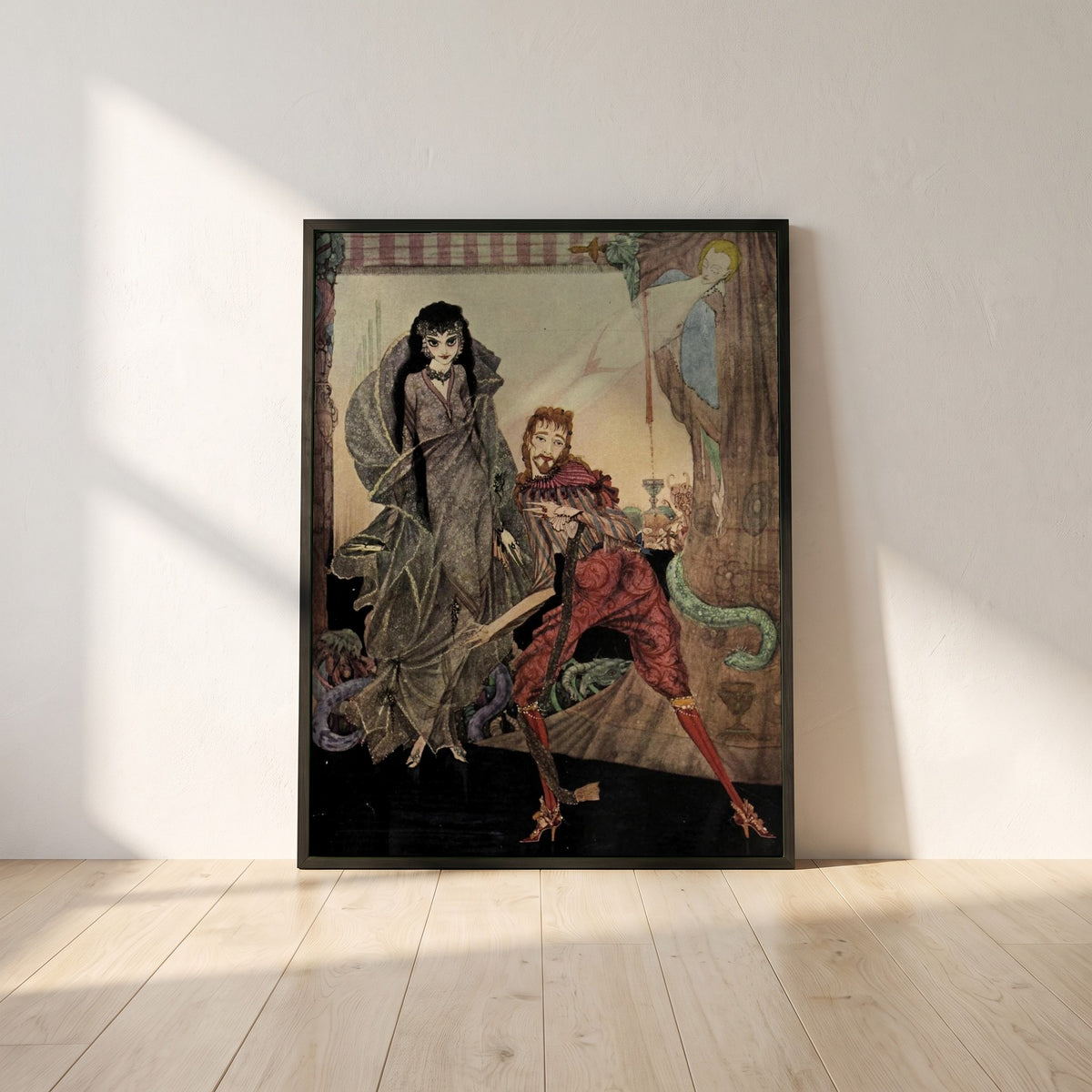 Harry Clarke framed print in a black frame leaning against a white plaster wall on oak floorboards in morning light