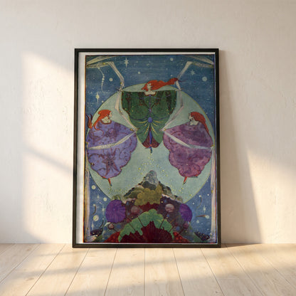 Harry Clarke framed print in a black frame leaning against a white plaster wall on oak floorboards in morning light