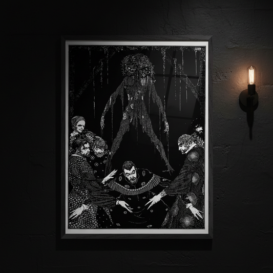 Alt text: Harry Clarke Walled the Monster gothic horror illustration framed print on black hallway wall with wall sconce extreme shadow
