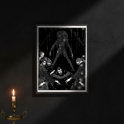 Harry Clarke Walled the Monster 1923 framed gothic horror print on black wall with brass candlestick dramatic upward light