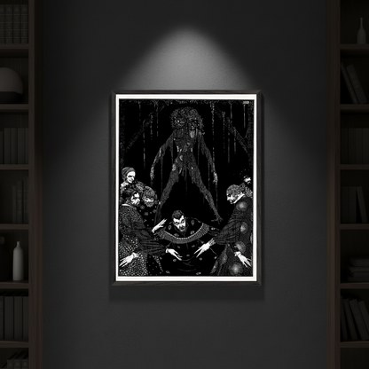 Harry Clarke Walled the Monster framed black and white horror print between dark bookshelves on charcoal wall with overhead spotlight
