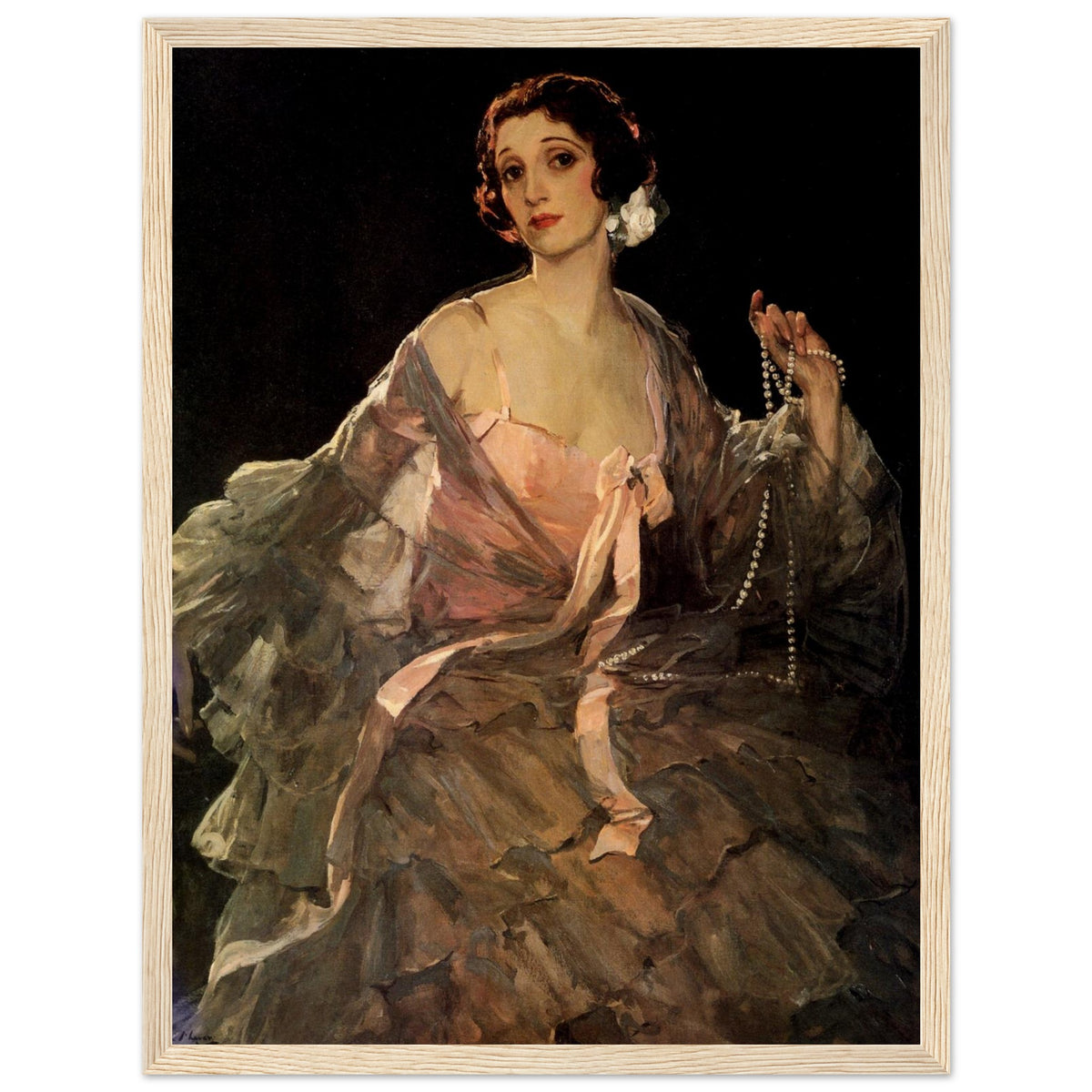 Hazel in Rose and Grey by John Lavery in a pale wood frame on a white background