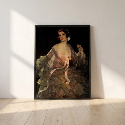 Hazel in Rose and Grey framed print in a black frame leaning against a white plaster wall on oak floorboards in morning light