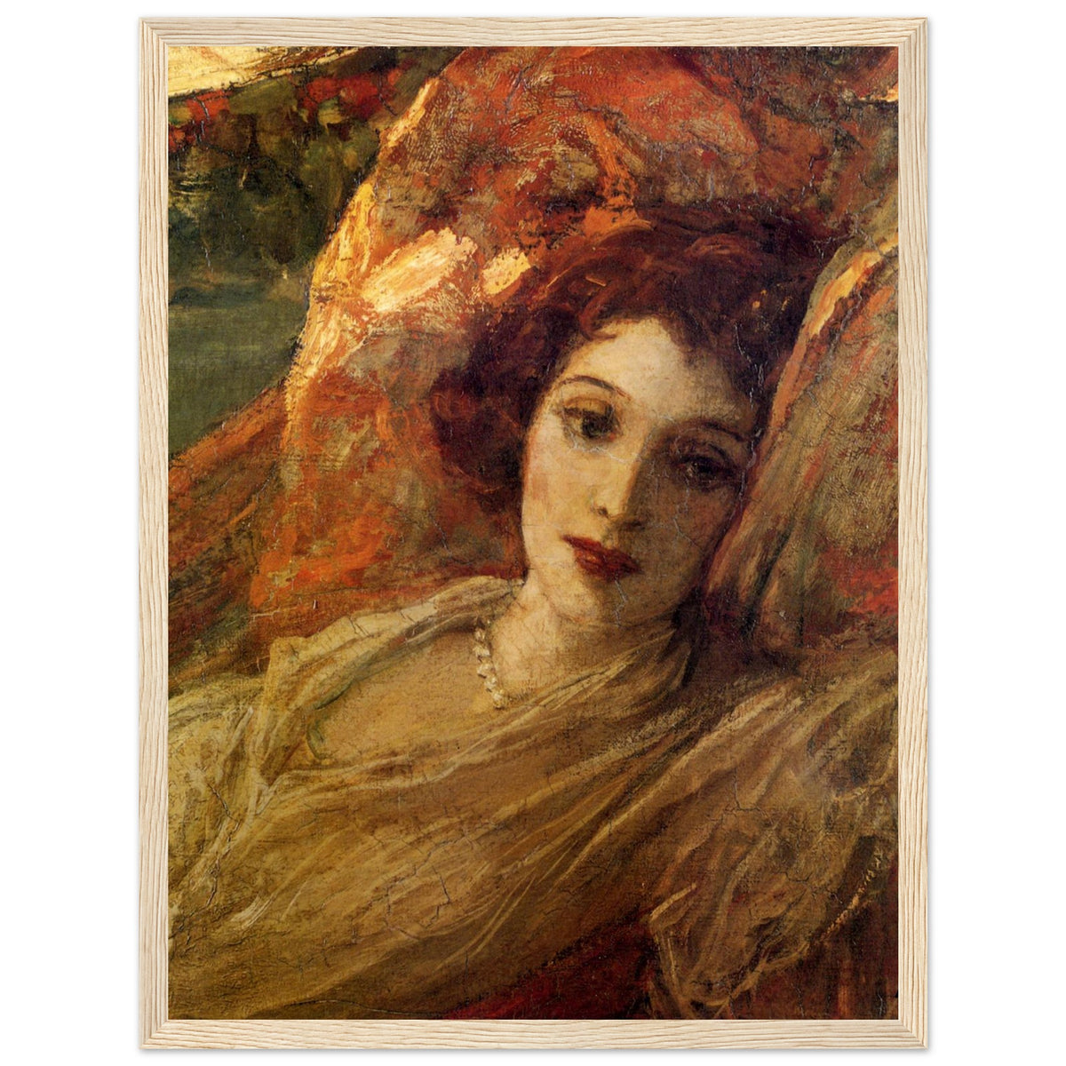 Hazel in the Red Hammock by John Lavery in a pale wood frame on a white background