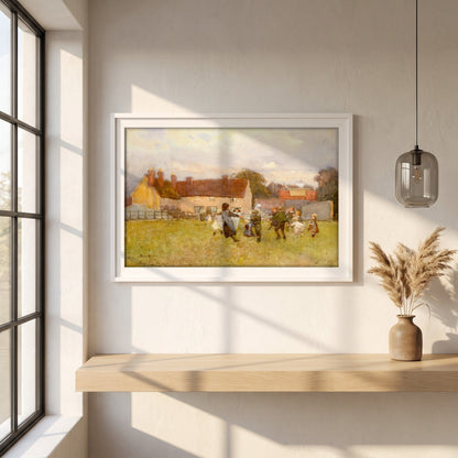 Here We Dance, Lubin Lubin by Rose Barton framed print in a white frame on a plaster wall above an oak worktop in a bright Scandinavian kitchen