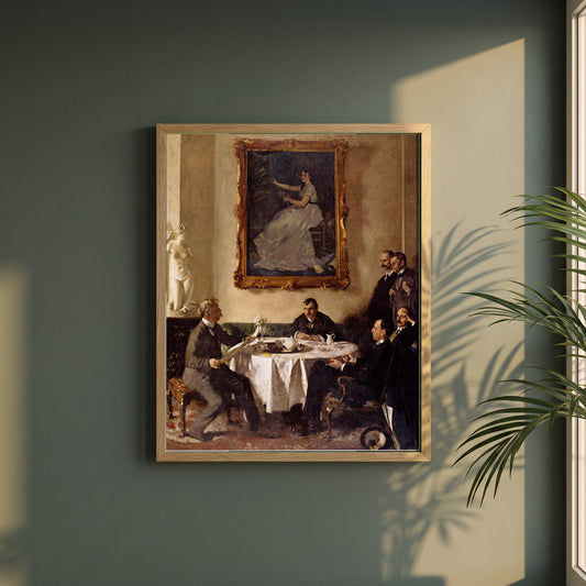 Homage to Manet framed print in a natural oak frame on a dark green wall beside a window, dappled plant shadow
