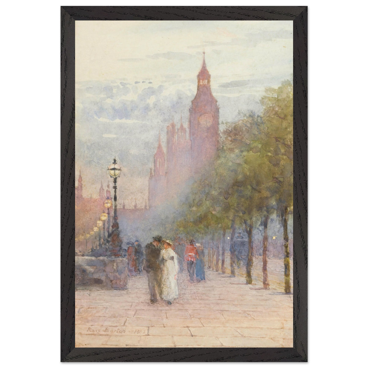 Houses of Parliament and Westminster by Rose Barton framed in black, straight-on view