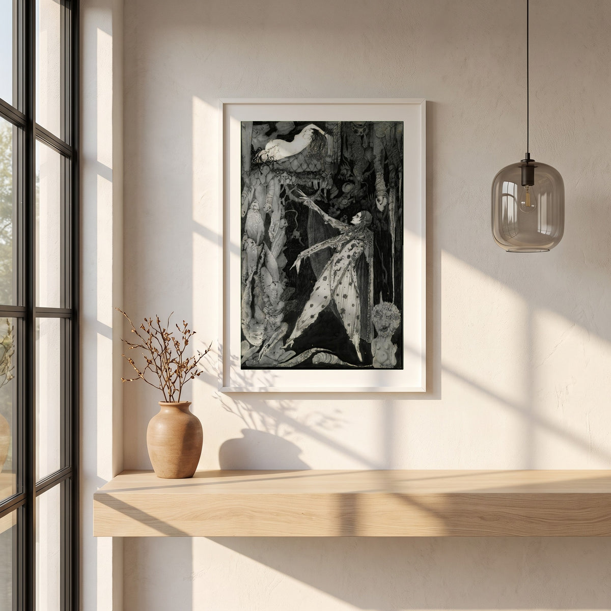 How Heavenly Fair Harry Clarke framed print in a white frame on a plaster wall above an oak worktop in a bright Scandinavian kitchen