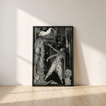 How Heavenly Fair Harry Clarke framed print in a black frame leaning against a white plaster wall on oak floorboards in morning light