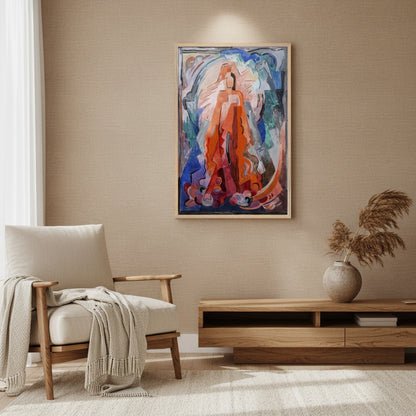 I Have Trodden the Winepress Alone by Mainie Jellett – natural wood framed Irish Modernism print oak frame mockup of abstract Irish modernist artwork, warm contemporary
interior with neutral textures, oak furniture tones, soft ambient lighting,
high realism, 4K decorative art photography