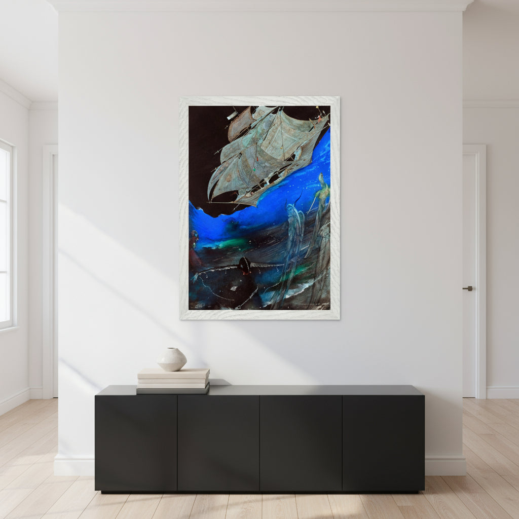 Harry Clarke Poe illustration print in a white frame above a black console in a white hallway