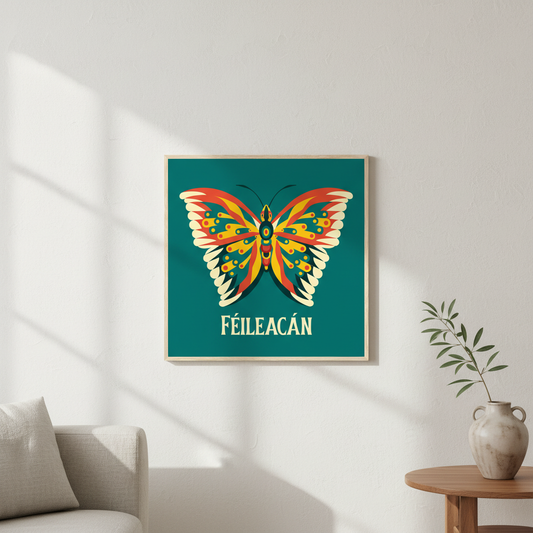 Féileacán butterfly print in an oak frame on a white wall above an armchair and side table