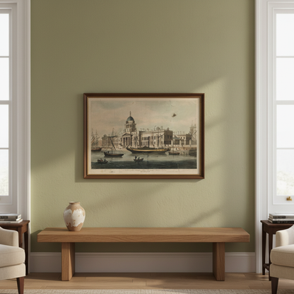 The Custom House, Dublin by Samuel Frederick Brocas and Henry Brocas, framed above a bench on a sage green wall