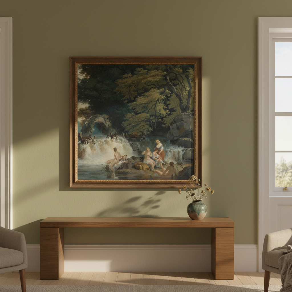 Nymphs Bathing at the Salmon Leap, Leixlip by Francis Wheatley in a wooden frame above a console table