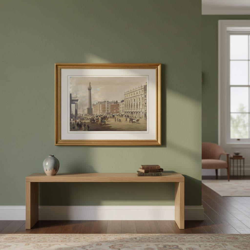 Sackville Street, Dublin by Michael Angelo Hayes in a gilt frame above a console table on a sage green wall
