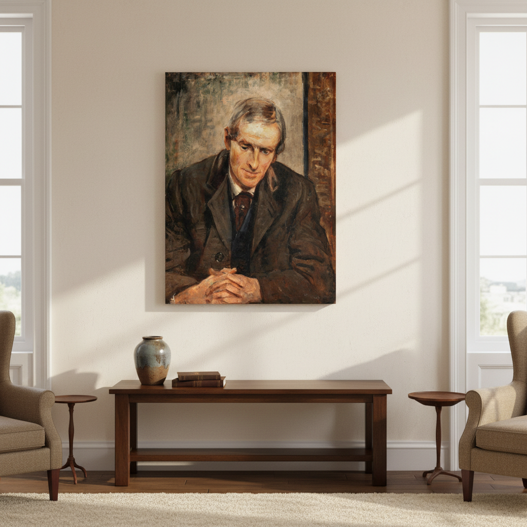 Portrait of Jack B. Yeats print on the wall above a wooden console table between armchairs in a bright room