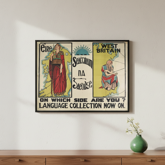 Seachtain na Gaeilge poster print in a black frame on a white wall above a sideboard with a green vase