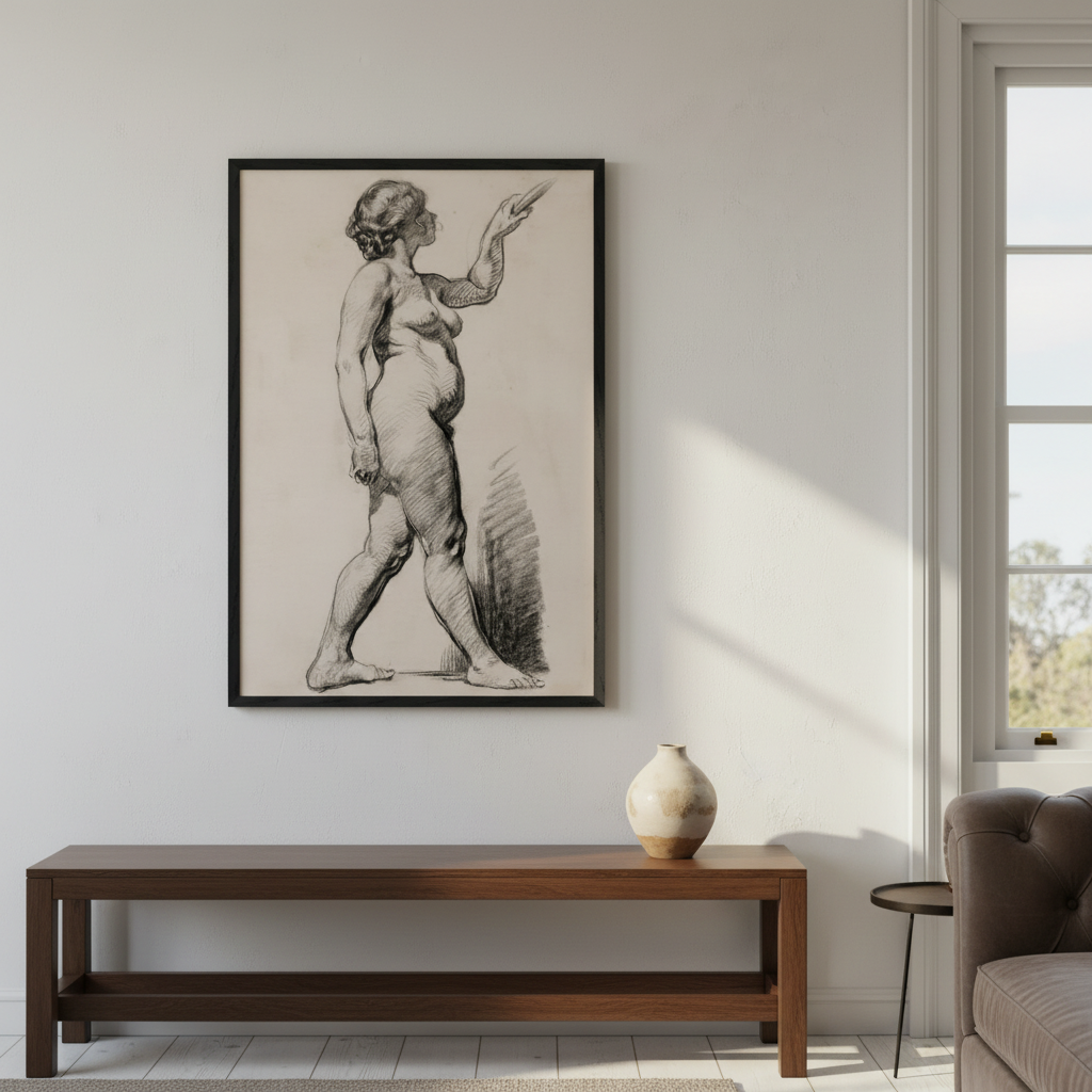 A Standing Female Figure by Sarah Henrietta Purser in a black frame above a wooden bench in a bright room