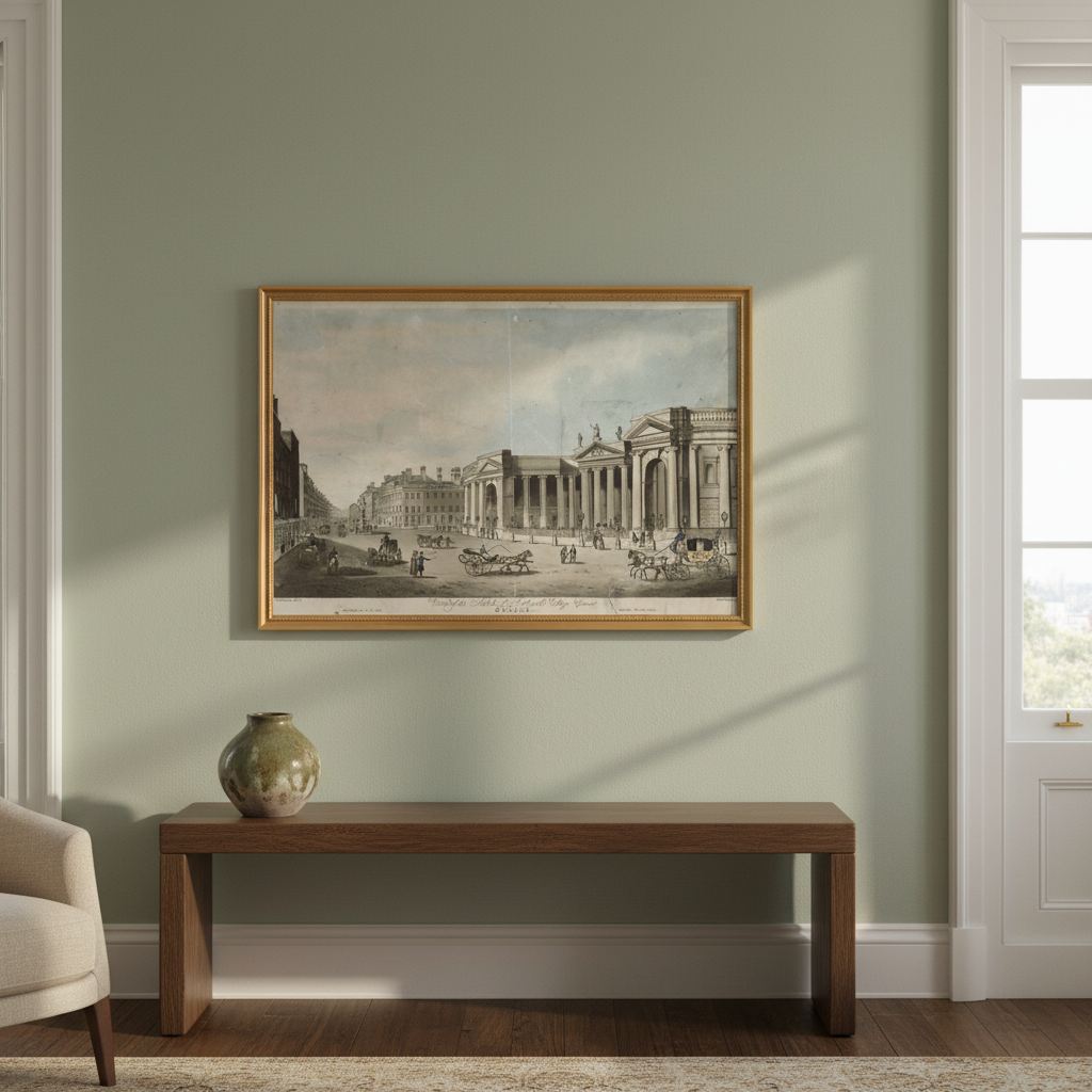 Bank of Ireland, College Green print in a wood frame on a sage green wall above a wooden console