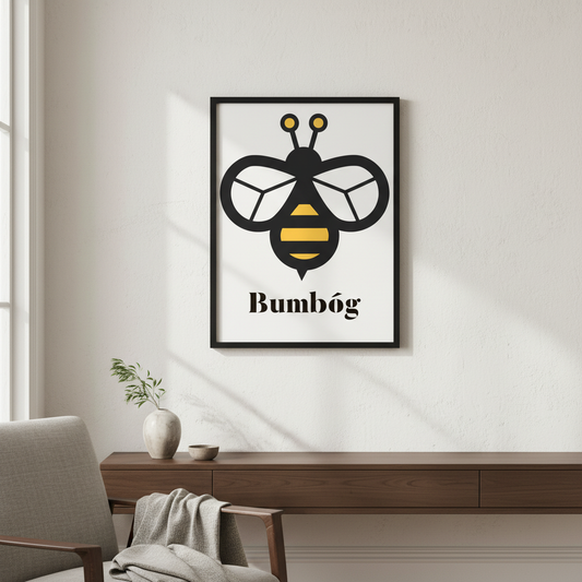 Bumbóg Bumblebee Irish art print displayed in a bright Irish home interior