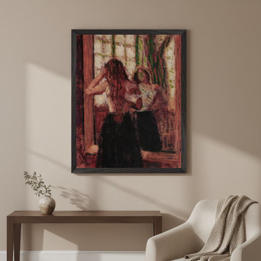 Girl Arranging Her Hair by Roderic O'Conor in a black frame above a console table beside an armchair