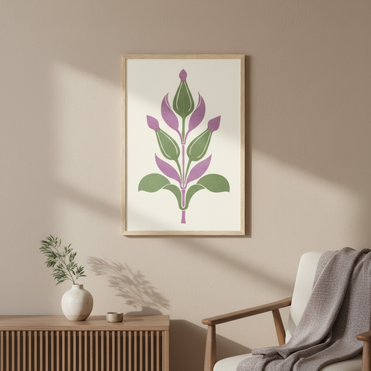 Agreeable Contrast of Plum-Violet and Sage-Green by James Ward in an oak frame above a wooden sideboard beside an armchair