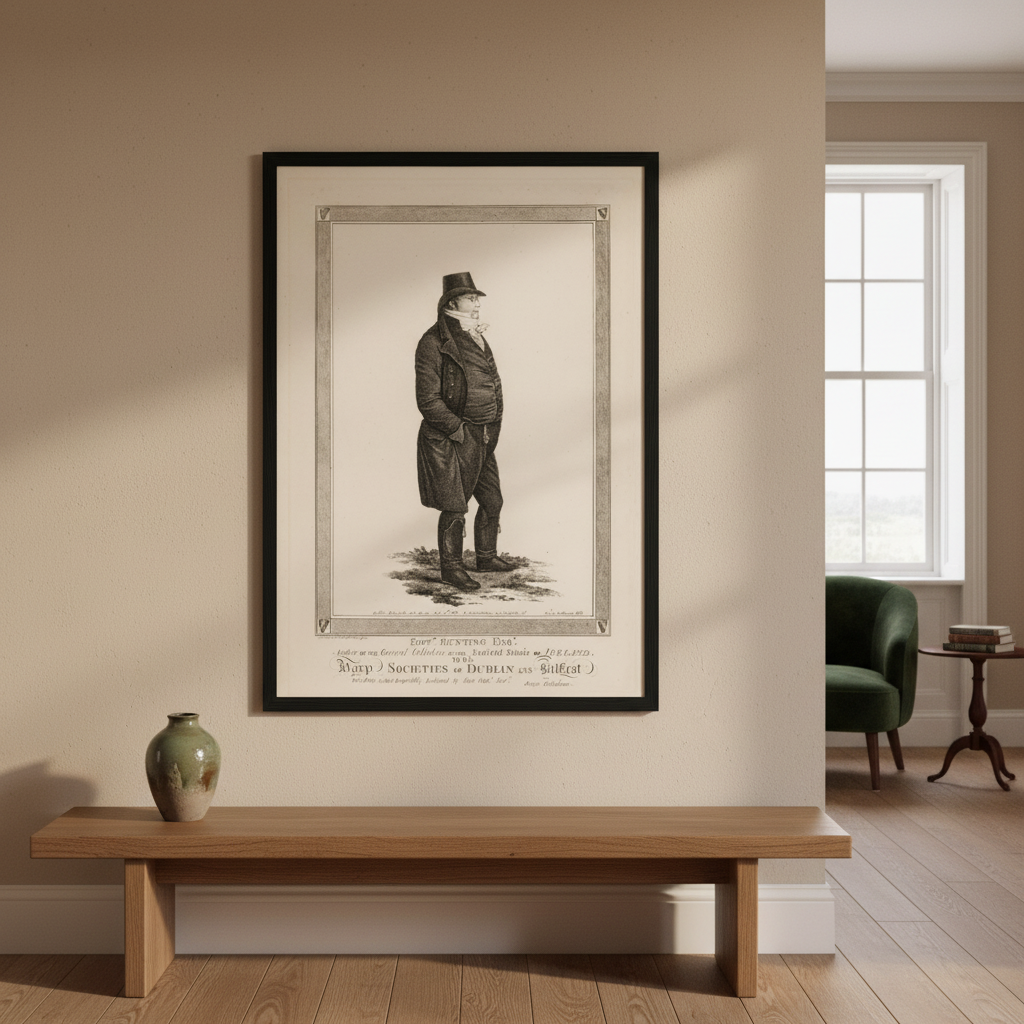 Edward Bunting (1773-1843) framed print in a black frame above a wooden bench in a warm room